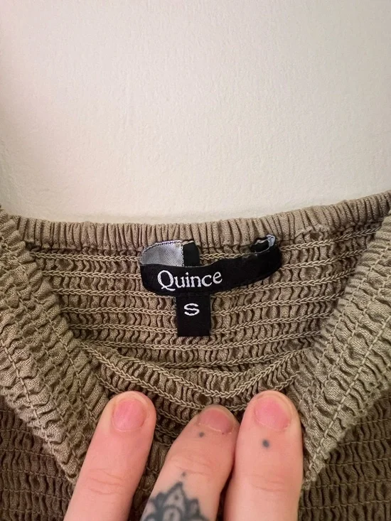 Quince Olive Green Smocked Peasant Mini Dress | 100% Linen - Picture 5 of 6